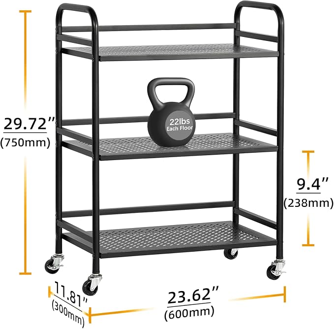 HDANI 3 Tier Metal Rolling Heavy Cart Supports 40 Lbs Per Tier,Mesh Rolling Cart with 2 Lockable Wheels for Office,Home,Bedroom,Kitchen,Bathroom(Black)