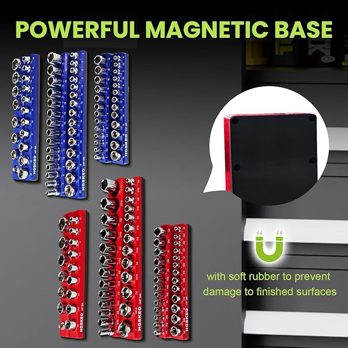Magnetic Socket Organizer Set, 6 Pcs Red SAE and Blue Metric Socket Tray Set for 1/4", 3/8" & 1/2" Sizes Drive, Socket Holder Holds 143 Sockets for Tool Box