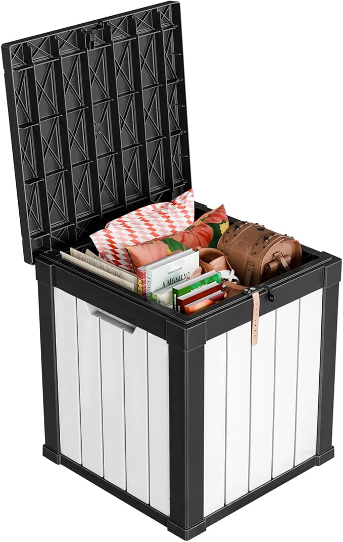 50 Gallon Deck Box,Resin Outdoor Storage Box with Lockable for Patio Furniture, Pool Accessories, Garden Tools, Waterproof Outside Storage Box, Black&White