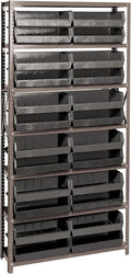 Quantum QSBU-245BK Heavy Duty Shelving Unit with (7) Shelves and (24) QUS245 Black Bins for Garage Warehouse Storage Distribution | 400 lb Load Capacity | 12"D x 36"L x 75"H, Galvanized Carbon Steel
