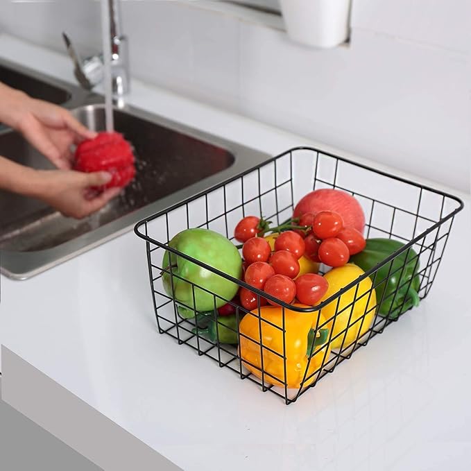 LeleCAT Wire Baskets with Handles Wire Storage Organizer Bin Baskets, Pantry, Closets, Bedrooms - Set of 2（Black）