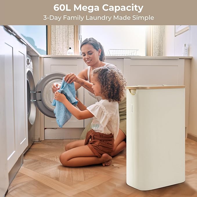 StorageWorks 60L Slim Laundry Hamper with Lid, Narrow Laundry Basket with Bamboo Handles and Inner Bag, Skinny Clothes Hamper for Laundry Room, Bathroom, Dorms, Conner, Beige