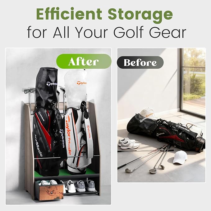 Golf Bag Organizer Rack – Large Wooden Golf Storage for 2 Bags, Clubs & Accessories with Dustproof Drawer, Sports Equipment Rack for Garage, Practice Room, Home or Office (Black)