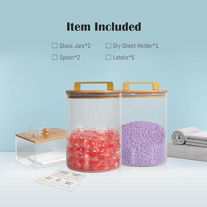 Glass Jars For Laundry Room Organization and Storage, 2 Pack -0.9 Gallon Laundry Detergent Containers for Scent Beads, Powder,Pods With Lids, 5 Labels, 2 Scoops，1 Acrylic Dryer Sheet Holder Included