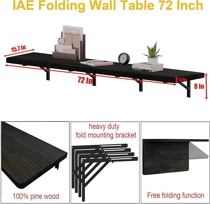 IAE Wall Mounted Folding Table with Pine Wood,72" x 16" Floating Wall Desk,Laundry Folding Table with Shelf Brackets,Fold Down Desk Shelf,Folding Workbench for Home,Dining,Laundry Room,Kitchen,Black