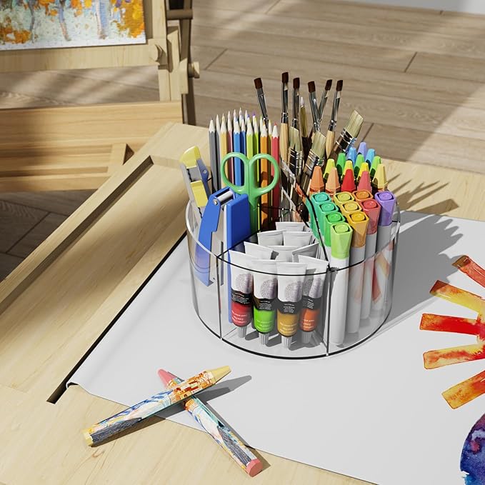 Acrylic Pen Holder, 360 Degree Rotating Pen Organizer, Rotating Desk Acrylic Office Organizer with 6 Compartments, Marker Organizer for Kid, Crayon Caddy School Art Supply Storage Organizer