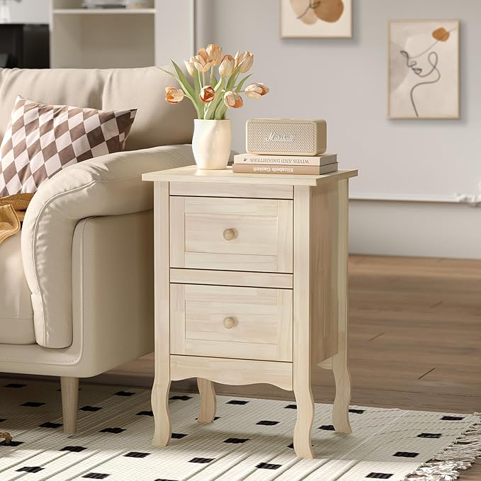 VINGLI Unfinished Solid Wood Nightstand for Color DIY, Small Nightstand for Bedroom, Natural Wood Night Stand with Drawers, Light Wood Night Stand, Real Wooden Bed Side Table/End Table