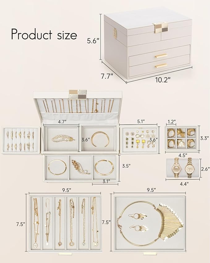 Vlando 4 Layers Jewelry Box - Women Jewelry Box with Retractable Tray - Jewelry Organizer with Drawer for Necklaces, Rings, Bracelets, Earrings, Gift for Couples Mom Girls - Could White