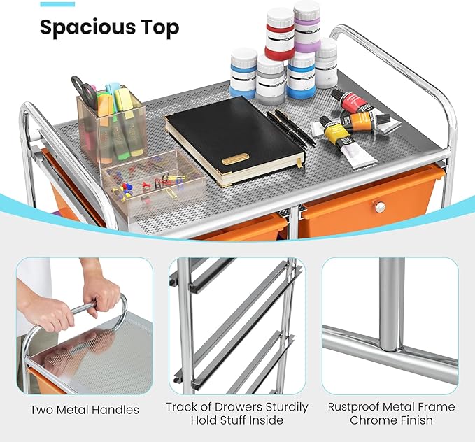 Giantex 10 Drawers Rolling Cart, Classroom Organizers, Storage Cart with Wheels, for Teacher Office Home School Supplies Tool Craft Art Paper, Rainbow Color