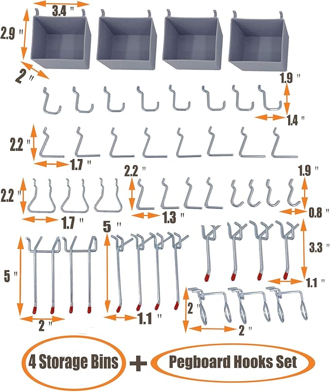 Wallmaster Pegboard Organizer Garage Storage - 48pcs Pegboard Hooks Set, Pegboard Tool Organizer with 48x24 Inch Steel Peg Board & 4 Storage Bins (Black)
