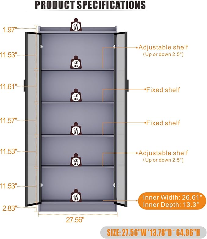65" Tall Display Cabinet with Doors, Lighted Bookcase with Lights/Human Sensor, 5 Tier Display Case with Adjustable Shelves for Collectibles Bedroom Living Room Office, Grey-Smoked Black Door