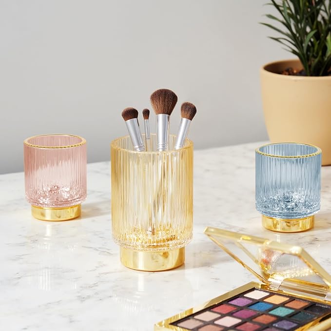 Makeup Brush holder Organizer, Crystal Glass Toothbrush Holders, Striped Make Up Brush Holder for Vanity, Pen Holder for Desk, Vase -Green (S+L)