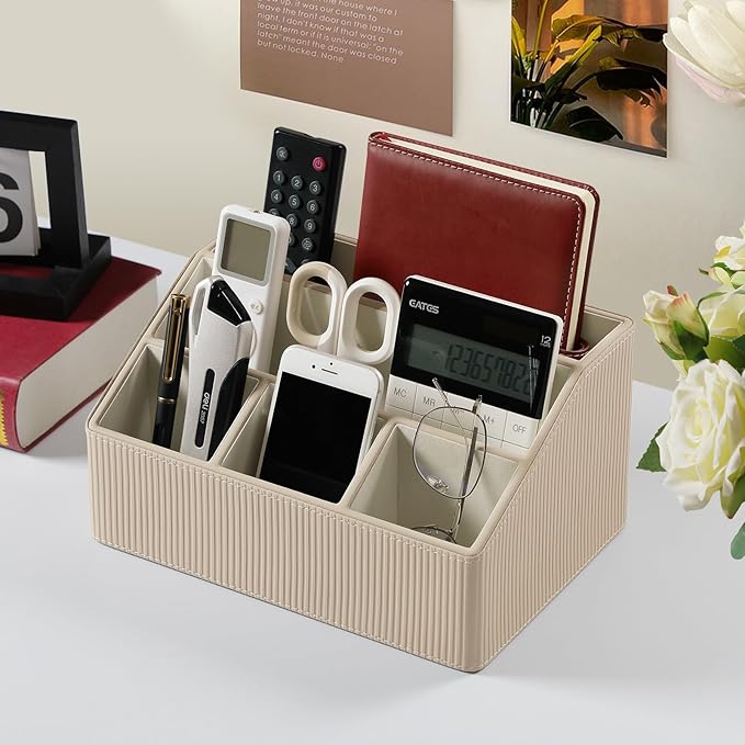 Remote Control Holder with 5 Compartments for Office Art Supplies, PU Leather Nightstand Organizer Pencil Pen Desk Caddy for Home, Desktop TV Remote Control Organizer Storage (Striped Beige)