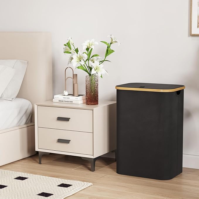 Lifewit 80L Laundry Basket with Lid, Clothes Hampers with Bamboo Handles and A Removable Laundry Bag, Large Foldable Hamper for Bedroom, Bathroom, Dorm, LaundryRoom, Black