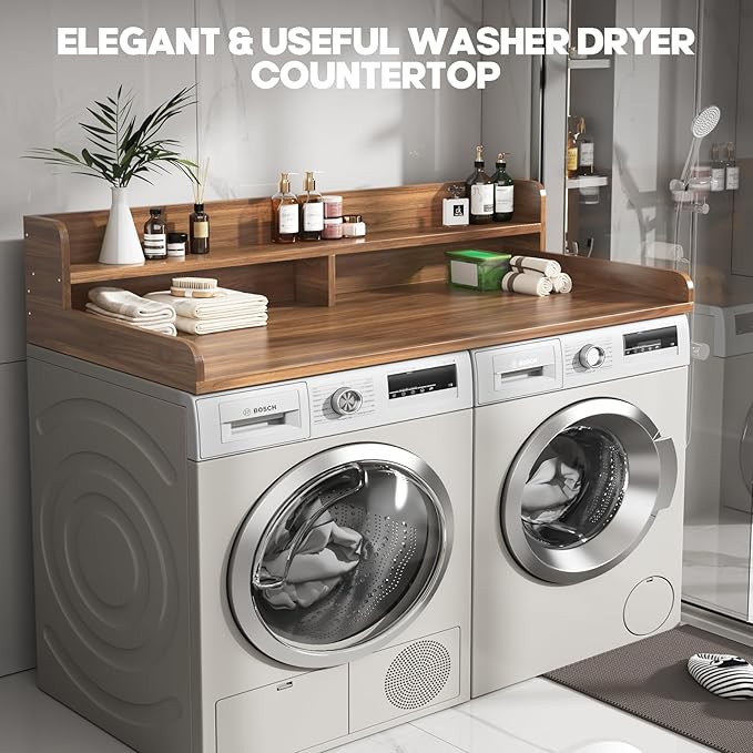 2-Tier Washer and Dryer Countertop,2.75" H Guard,58" W x 28" D Laundry Countertop Cover with Non-Slip Pad,Large Space Laundry Topper for Folding Clothes Over Washer and Dryer-Dark Walnut