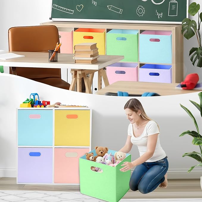 6 Pcs 11 Inch Colorful Felt Storage Cubes with Handle, Collapsible Fabric Storage Cubes Toy Bins Foldable Baskets for Nursery, Playroom, Kids Room, Toys, Books, Clothes(Macaron)