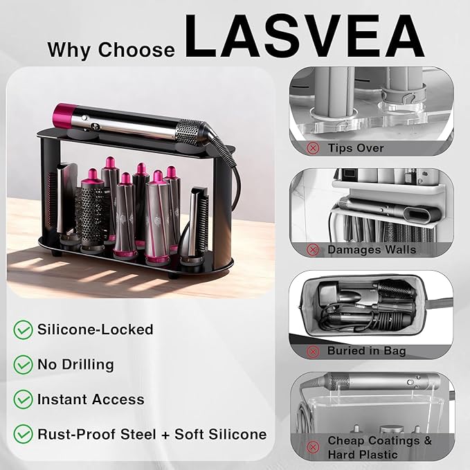 Holder for Dyson Airwrap 6" Barrel Only | Sturdy Metal Storage Rack with Protective Silicone Pad | Countertop Organizer for Attachments & Curling Iron with Self-Adhesive Hook, Black