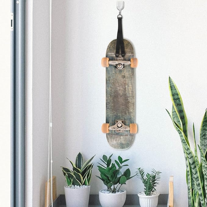 Skateboard Hanger: Skateboard Wall Display Storage Strap Over-The-Door Organizer Hook Fits Snowboard and Surfboard for Small Spaces