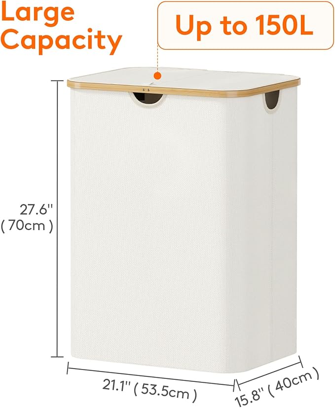 Lifewit 150L Laundry Basket with Lid, Clothes Hampers for Laundry with Bamboo Handles and A Removable Bag, Large Foldable Laundry Hamper for Bedroom, Bathroom, Dorm, Laundry Room, Off White