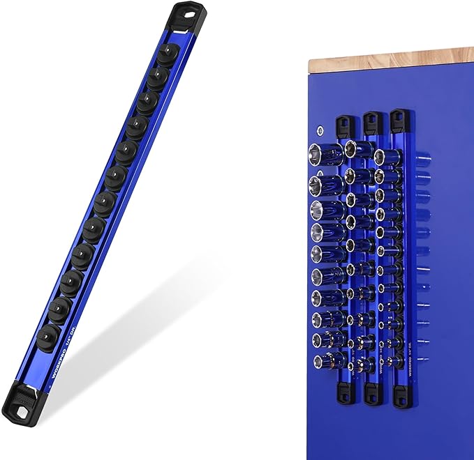 WORKPRO Magnetic Socket Organizer, 1/4" Drive Aluminum Alloy Socket Holder, Heavy Duty Socket Rail with 12 PC Removable Socket Clips, Socket Organizer Tray for Tool Box Drawer (Sockets Not Included)