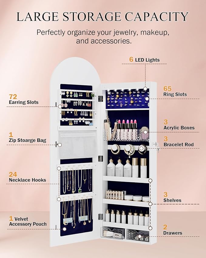 Jewelry Cabinet Organizer with Mirror, 47 inch Lockable Full-Length Mirror Jewelry Armoire Hanging Door/Wall Mounted with 6 LEDS, Arched Framed Mirror Cabinet with Storage, Gift for Women, White