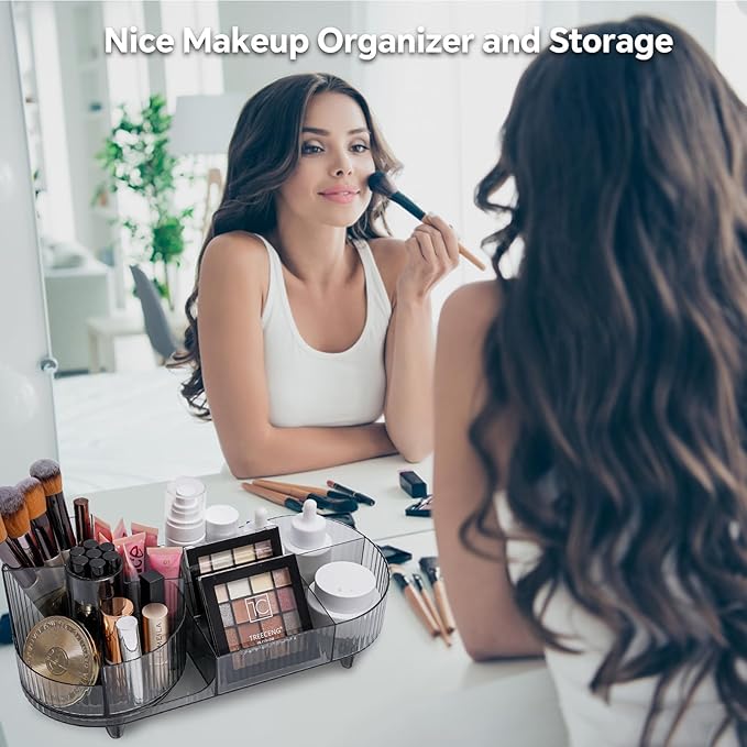 Cosmetic Makeup Storage Organizer, Countertop Makeup Perfume, Rotating Makeup Organizer for Vanity with Brush Holder, Lotions Display Case, Large Spinning Makeup Skincare Organizer (Transparent Black)