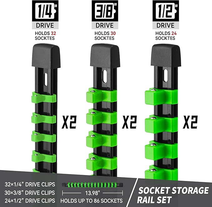 Socket Organizer Drive ABS Tools - Green Socket Holder, Premium Quality 6 Pieces Socket Holders Kit 1/4-Inch x 32 Clips, 3/8-Inch x 30 Clips, 1/2-Inch x 24 Clips（6PC,Green)