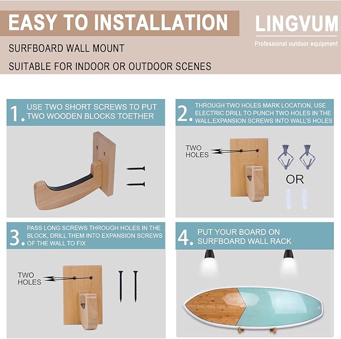 Surfboard Wall Mount Racks Sturdy Surf Board Wall Hangers Suitable for Longboards/Shortboards/Skateboards/Snowboards/Skiing Boards, Works Indoors and Outdoors, Bamboo