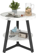 Small Round End Table, 2-Tier Side Table with Storage, Small Round Coffee Table for Living Room, 20'' Living Room Furniture with Sturdy Steel Frame (White Marble)