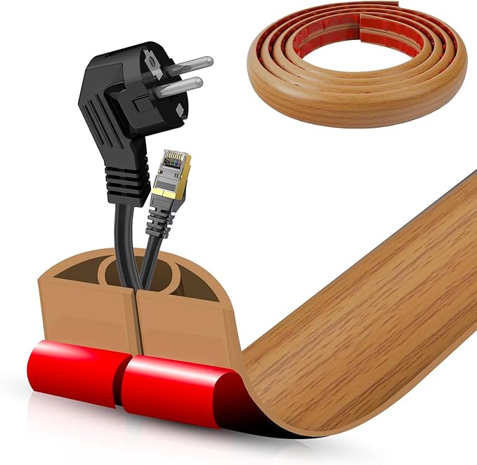 Floor Cord Cover Self Adhesive Cord Hider,20FT Cable Management, Extension Strip Protector for Wires, Prevent Cable Trips for Offices, Gyms, Exhibitions Cavity:0.51"(W) x 0.3"(H) Brown Wood