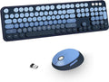 Wireless Keyboard and Mice Combo,Retro Round Keys Full-Sized Cute Keyboard, 2.4Ghz Dropout-Free Connection and Optical Mouse for Windows, Mac, PC, Laptop, Desktop (Blue-Colorful)