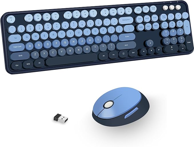 Wireless Keyboard and Mice Combo,Retro Round Keys Full-Sized Cute Keyboard, 2.4Ghz Dropout-Free Connection and Optical Mouse for Windows, Mac, PC, Laptop, Desktop (Blue-Colorful)
