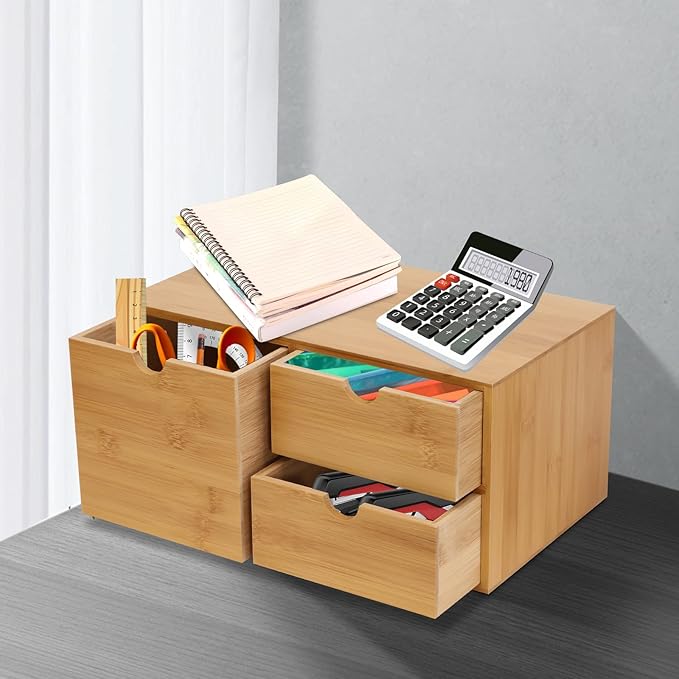 TFCFL Bamboo Desk Organizer with 3 Drawers, Wood Desktop Storage Box for Office Supplies, Natural Bamboo Drawer Organizer with Flat Top for Pen, Mail, Stationery Home Office Organization