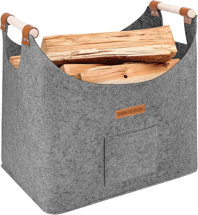 XL 4MM Felt Firewood Carrier | Log Carrier for Firewood | Wood Container with Extra Thick Felt Foldable & Reinforced Handle | Storage Basket for Shopping, Firewood, Logs, Newspaper (MEDIUM GRAY)