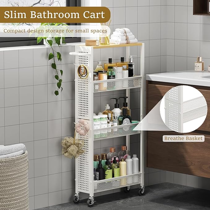 Utility Slim Storage Cart 4 Tier Small Rolling Kitchen Laundry Room Organization Cart with Wood Top Metal Narrow Bathroom Cart Cabinet Narrow Storage Cabinet Trolley with Handle for Small Space