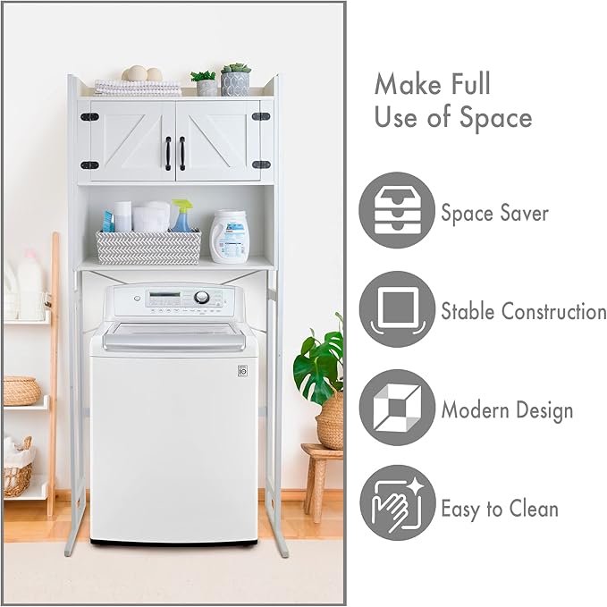 Over The Washer or Over The Toilet Storage Cabinet w/Height Adjustable Shelf Laundry Room/Bathroom Organizer Rack, 2-Door Freestanding Rack Space Saver, White