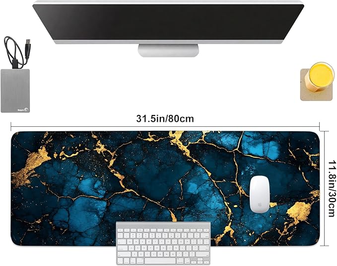Blue Marble Gold Vein Mouse Pad – Large Extended Desk Mat 31.5 x 11.8 in– Elegant Navy Ink Texture with Metallic Cracks, Keyboard & Mouse Pad for Office & Gaming