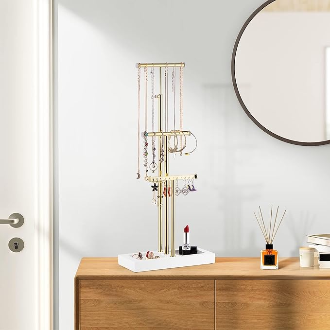 Love-KANKEI Jewelry Organizer Hanging with Metal and Wood Base, Necklace Holder with 3 Tier Tree Jewelry holder stand for Bracelets Earrings Rings,Height Adjustable Gift White and Gold