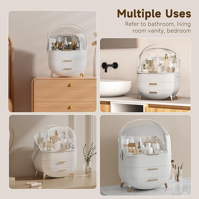 Makeup Organizers, Make Up Organizer for Vanity, Countertop Cosmetic Storage with Drawers and Transparent Cover for Bedroom Bathroom, White
