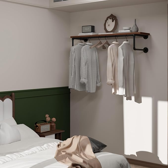 Clothes Rack 42in, Wall Mounted Garment Racks with Real Brown Wood Shelf, Heavy Duty Hanging Clothes Rack, Multi-Purpose Hanging Rod, Space-Saving Closet Storage