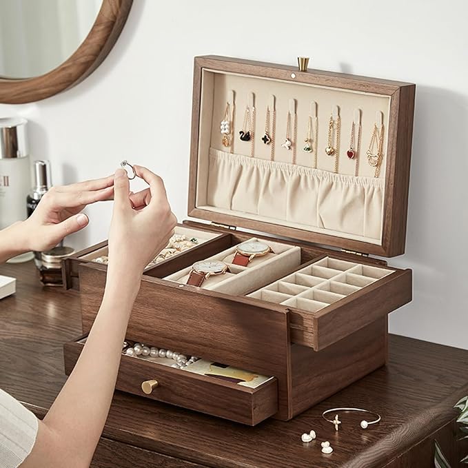 CHOSIN Black Walnut Wooden Jewelry Box for Women, 3 Level Multi-functional Drawer Organizer Box Watch Necklace Ring Earring Storage Christmas Gifts
