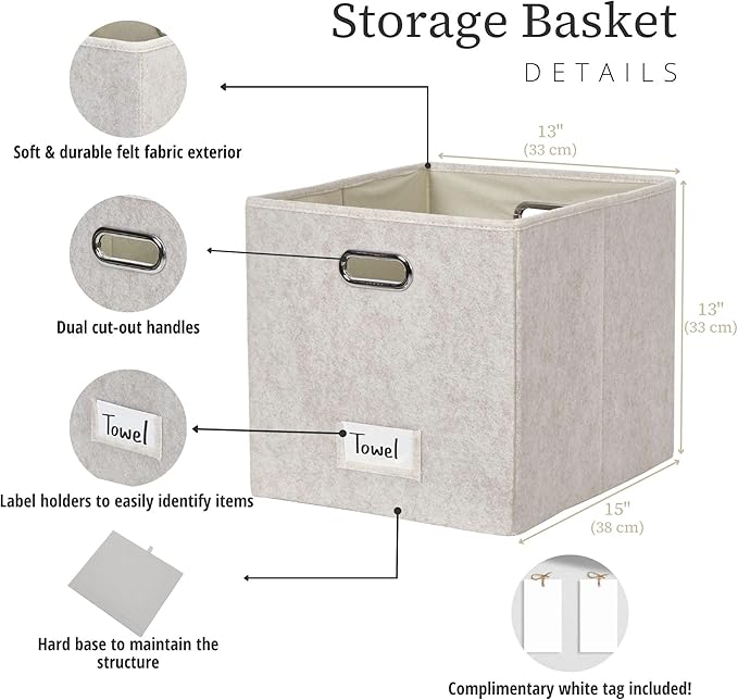 DECOMOMO Felt Storage Bins 13x15x13 Storage Cube Bins with Labels, Baskets for Organizing Shelves (Kallax / 4pcs, Beige)