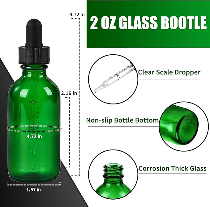 24 Pcs, 2oz Glass Dropper Bottle, Leakproof Tincture Bottles with Dropper, Green Reusable Eye Dropper Bottle, for All Kinds of Liquids (Green, 2oz-24pcs)