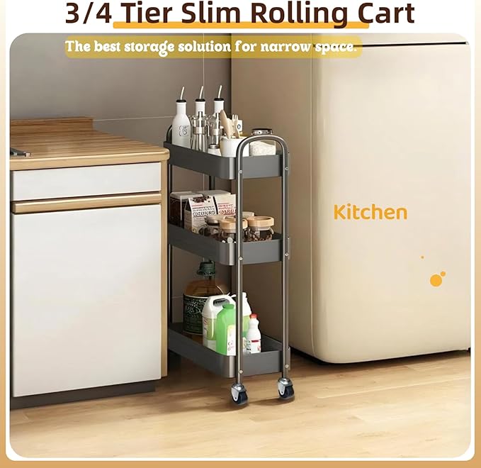3 Tier Slim Metal Rolling Storage Cart for Laundry Room & Kitchen Organizer, 7.1'' Thin Standing Shelf for Narrow Spaces, Utility Cart with Wheels & Lockable Casters for Bathroom, Black