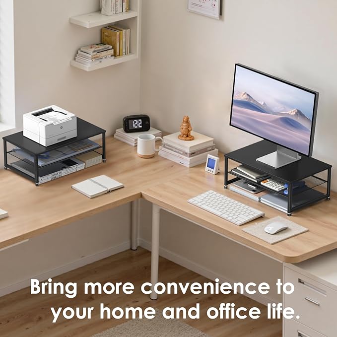 Desk Organizers and Accessories, 2-Tier Metal Computer Monitor Stand Riser, Desk Organizer for Monitor, Printer & Laptop Stand, Desktop Workspace Organizers for Office Supplies(Black)