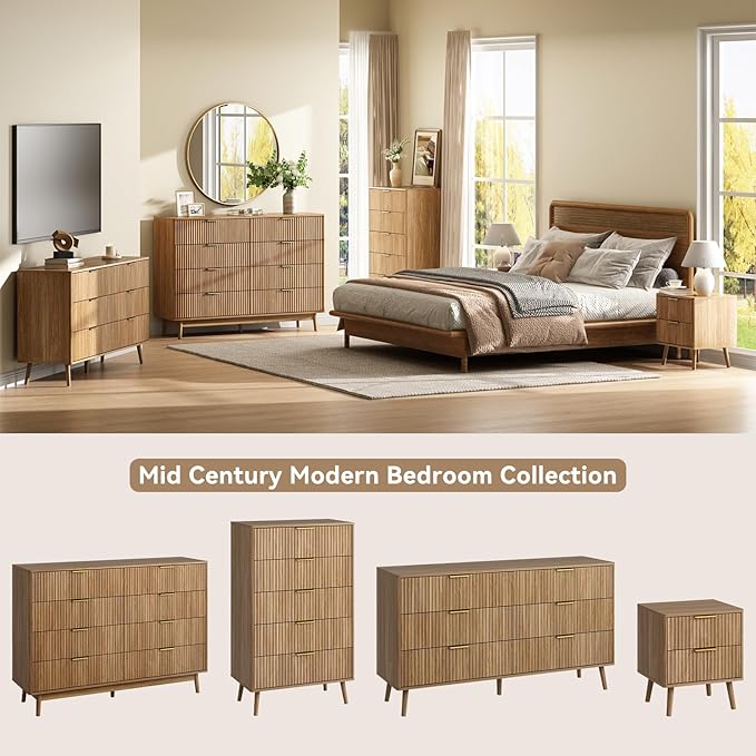 CARPETNAL Fluted Nightstand Set of 2, Walnut Bedside Table with 2 Drawers and Gold Handles, Wood End Table Mid Century Night Stands for Bedroom Living Room