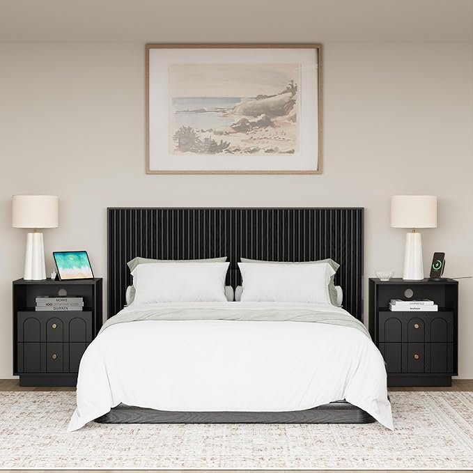 Nightstand Set of 2 with Charging Station, Mid Century Modern Nightstand with Arched Design, Minimalist End Table Wood Grain Bedside Tables for Bedroom or Living Room, Black