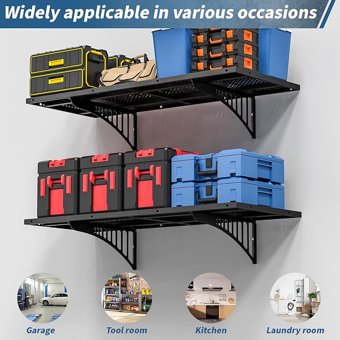 Garage Wall Shelving Heavy Duty, 43.3" Floating Shelves 264lbs Capacity, Garage Wall-Shelf with Adjustable Rails for Wood Stud and Concrete Walls, Metal Shelves for Storage Organization