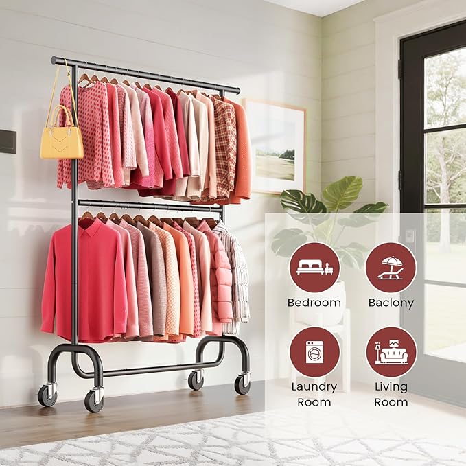 Heavy Duty Clothes Rack Load 600 LBS, Rolling Clothing Rack for Hanging Clothes with Lockable Wheels, Double Rod Garment Rack for Bedroom, Laundry, Living Room, Black