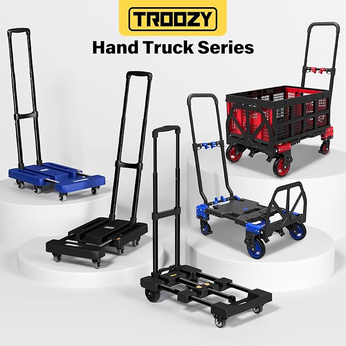 Folding Hand Truck 500 LB, Portable Heavy Duty Dolly Cart with 4 Wheels (2 with Brake) & Extendable 26" Plate, Collapsible Luggage Trolley with 2 Elastic Straps for Travel, Moving, Camping